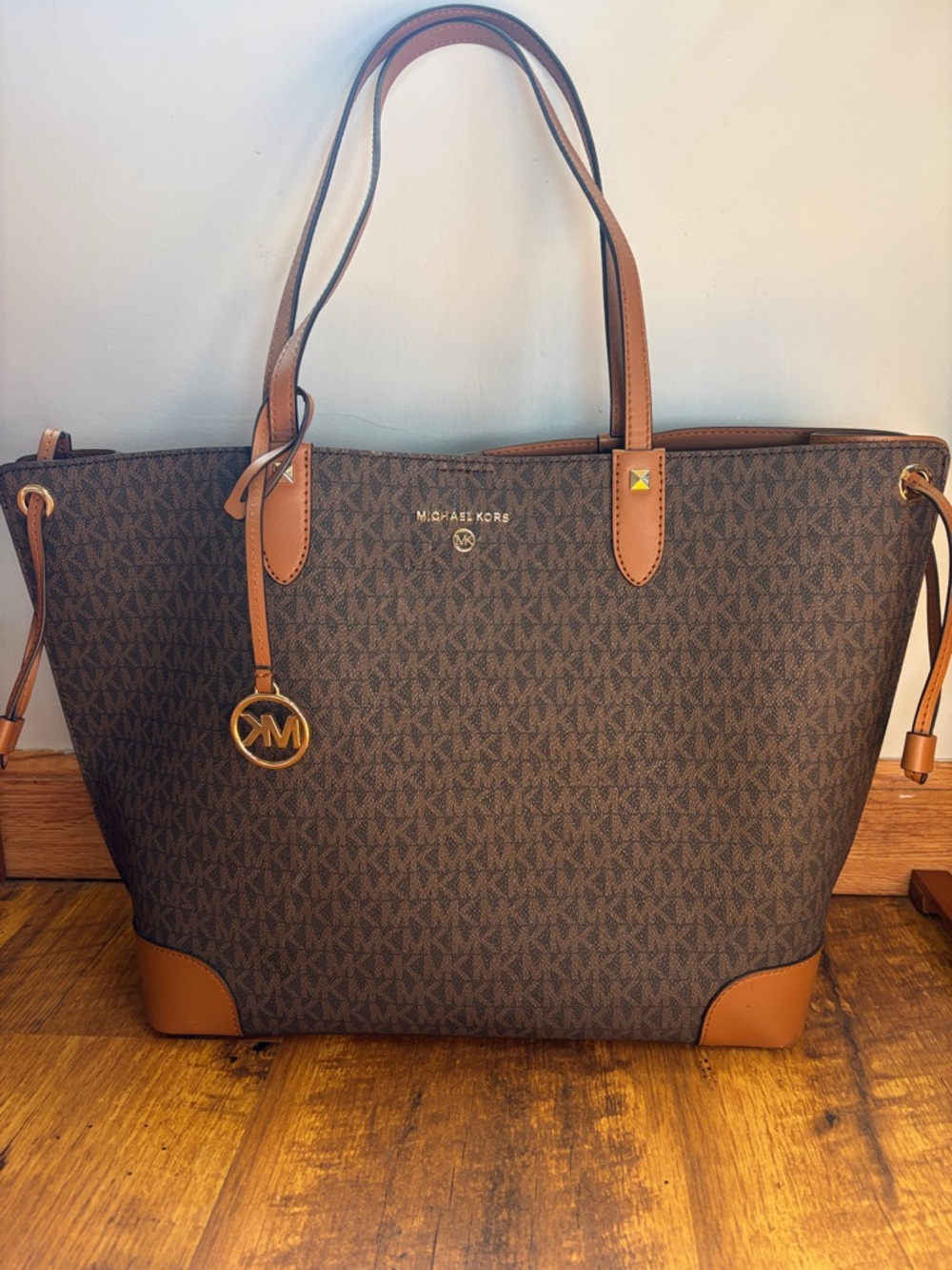 Michael Kors Dark Brown Signature Logo Tote with Tan Trim